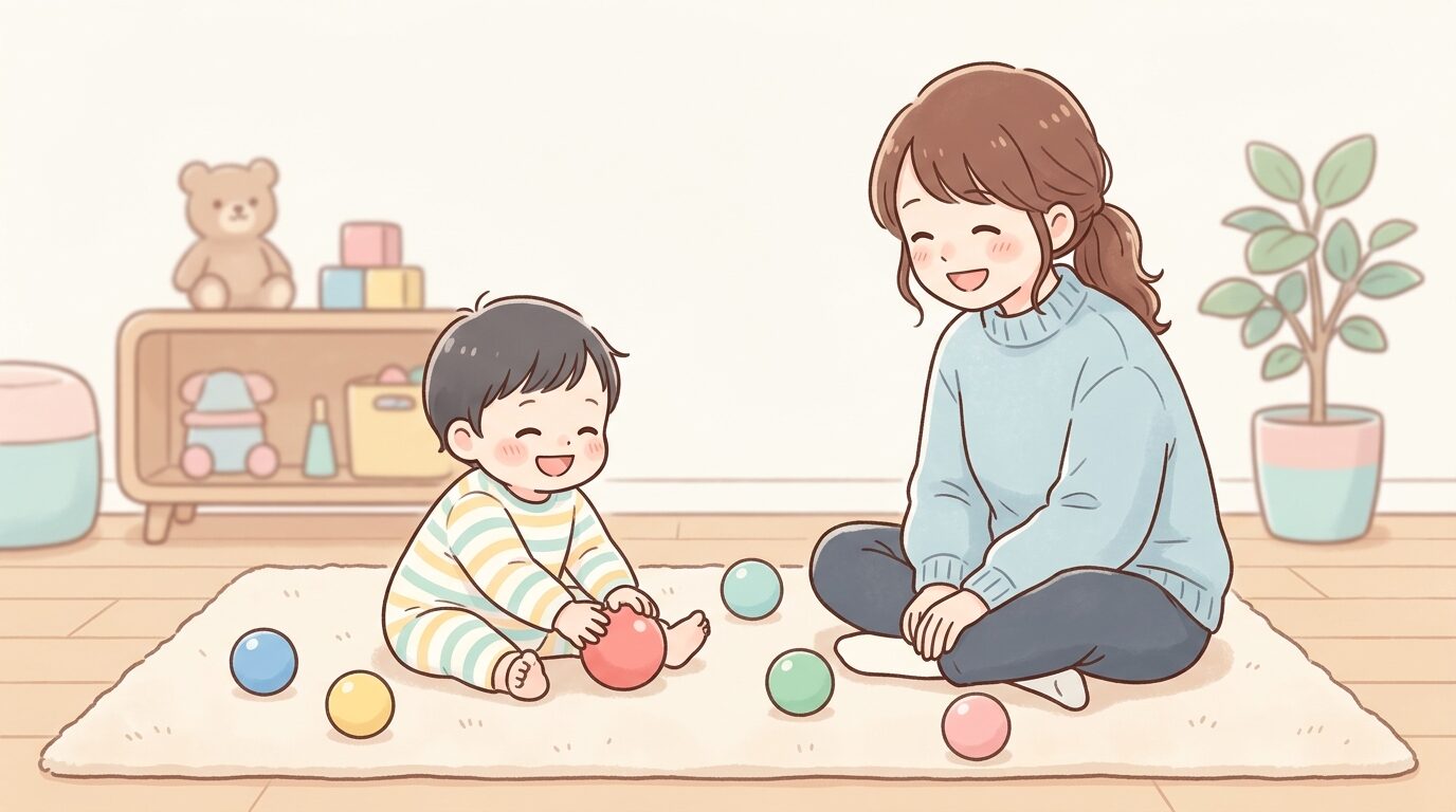 リビングの床でカラフルなボールを転がして遊ぶ1歳児と、笑顔で見守る母親