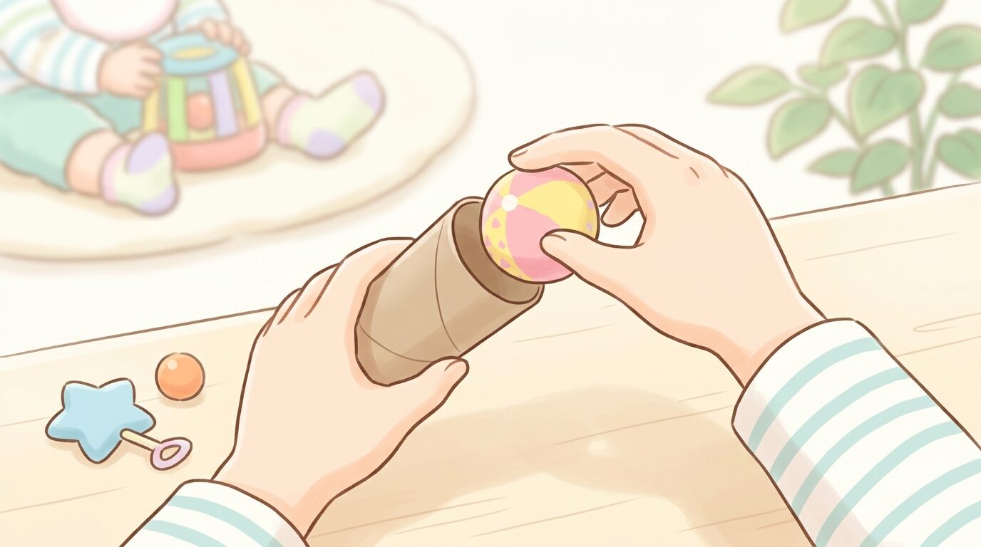 誤飲防止のためにおもちゃのサイズを紙芯でチェックする母親の手元
