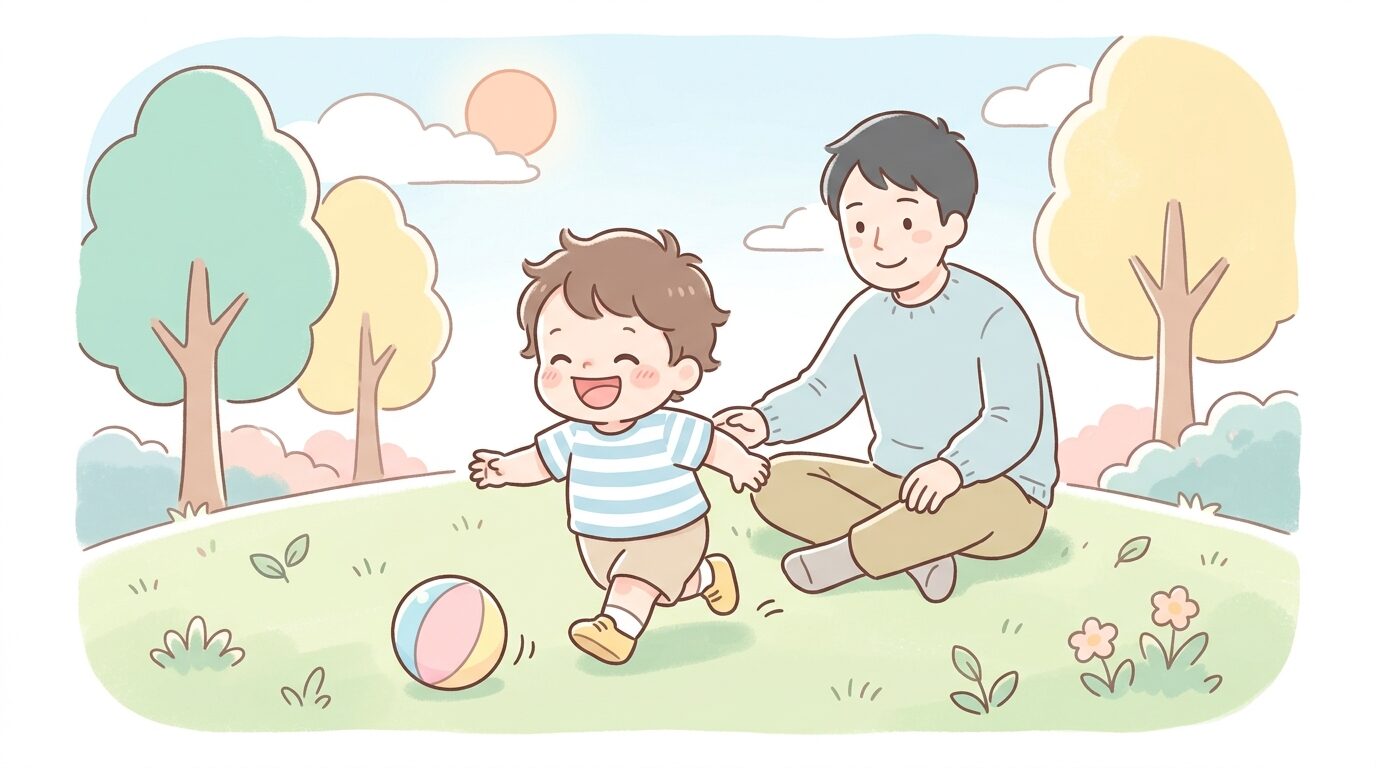 公園の芝生でボールを追いかけて笑顔で走る1歳児と後ろから見守る父親