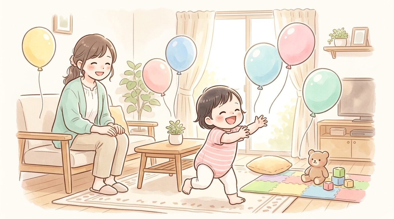 リビングで風船を追いかけて笑う1歳児と見守る母親の温かい様子