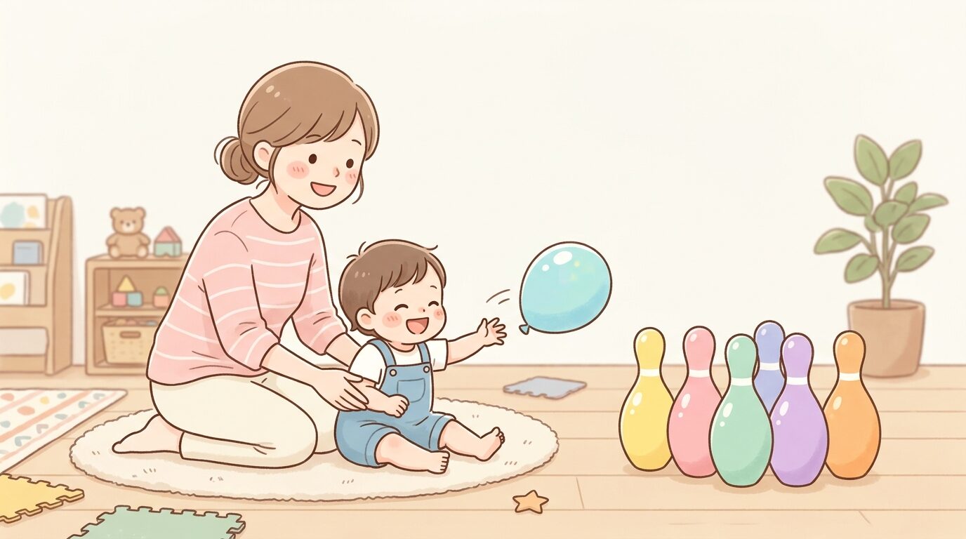 カラフルな風船で室内ボウリング遊びをする親子の楽しそうな瞬間