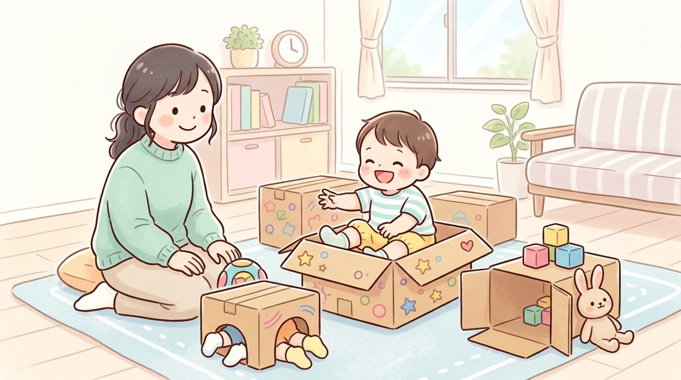 リビングでダンボール箱に囲まれて笑顔で遊ぶ1歳児の赤ちゃんと見守る母親