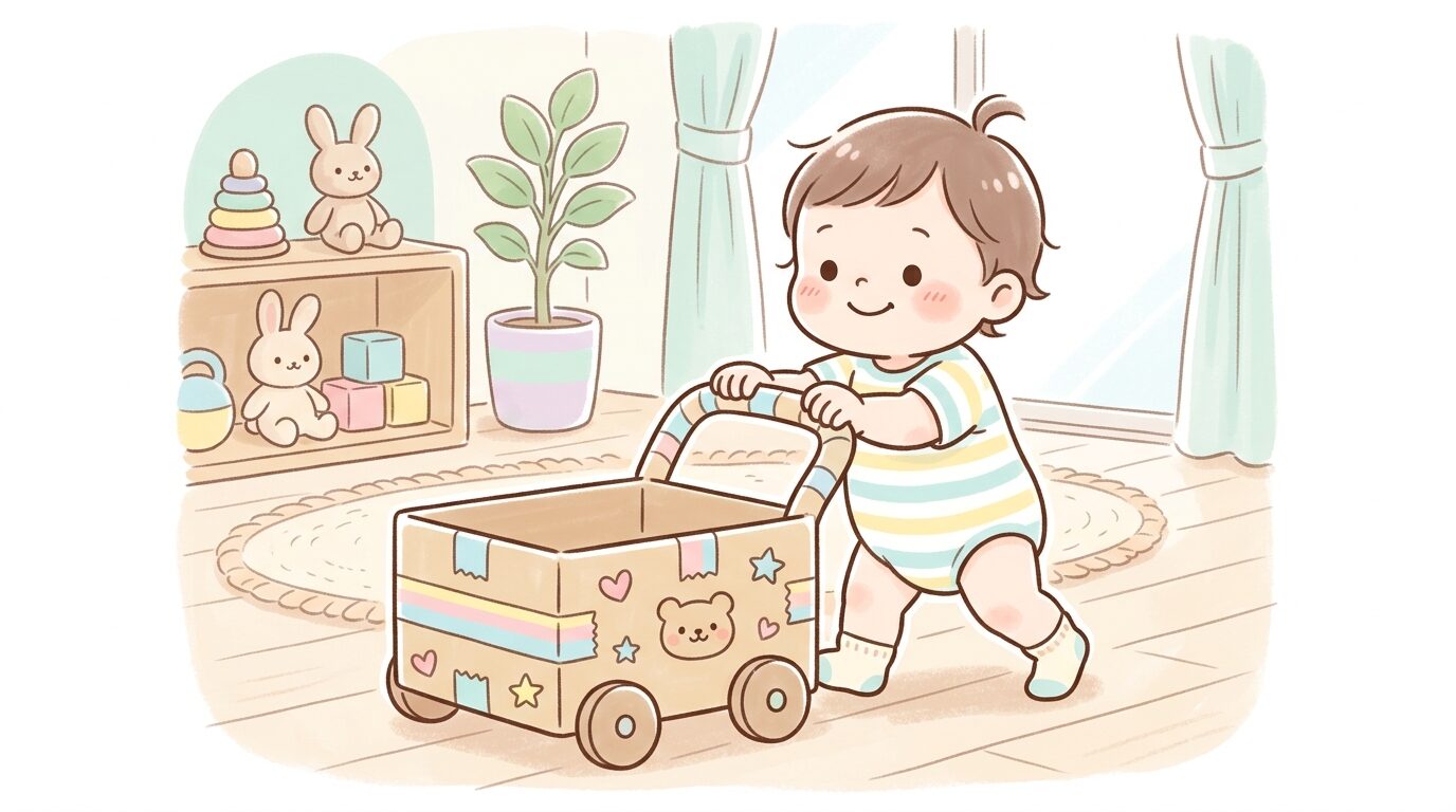 手作りの段ボール手押し車を押しながら室内をよちよち歩く1歳児