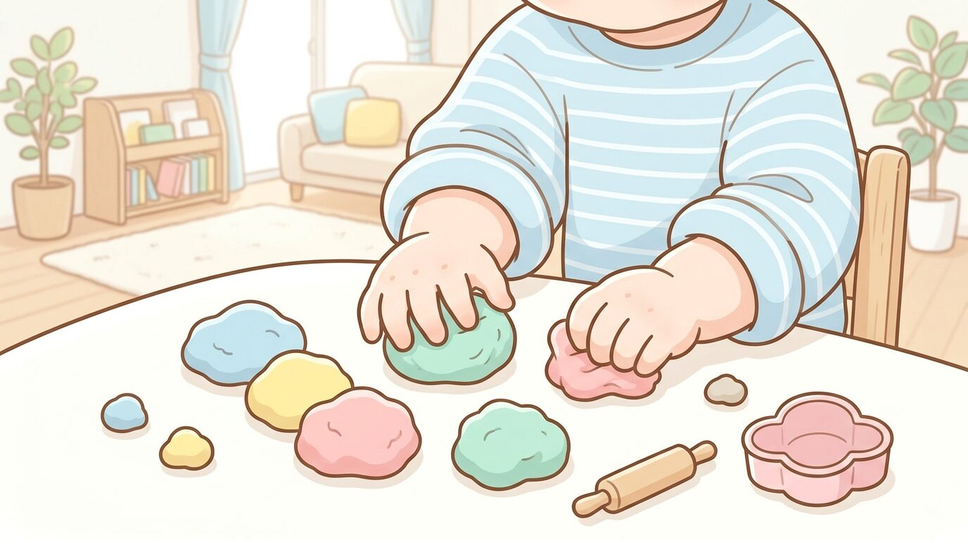 白いテーブルの上で小麦粘土を両手でこねて遊ぶ1歳児の柔らかい手元、明るいリビングの雰囲気