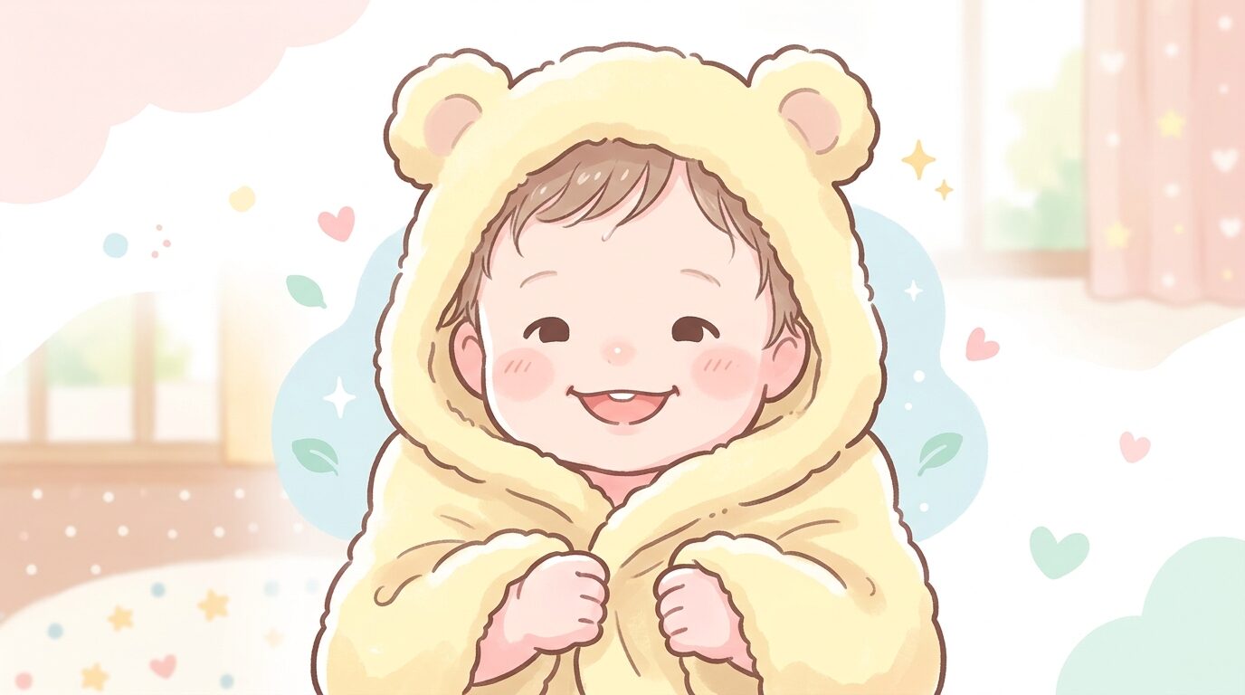 バスタオルに包まれてご機嫌な1歳児の笑顔のアップ