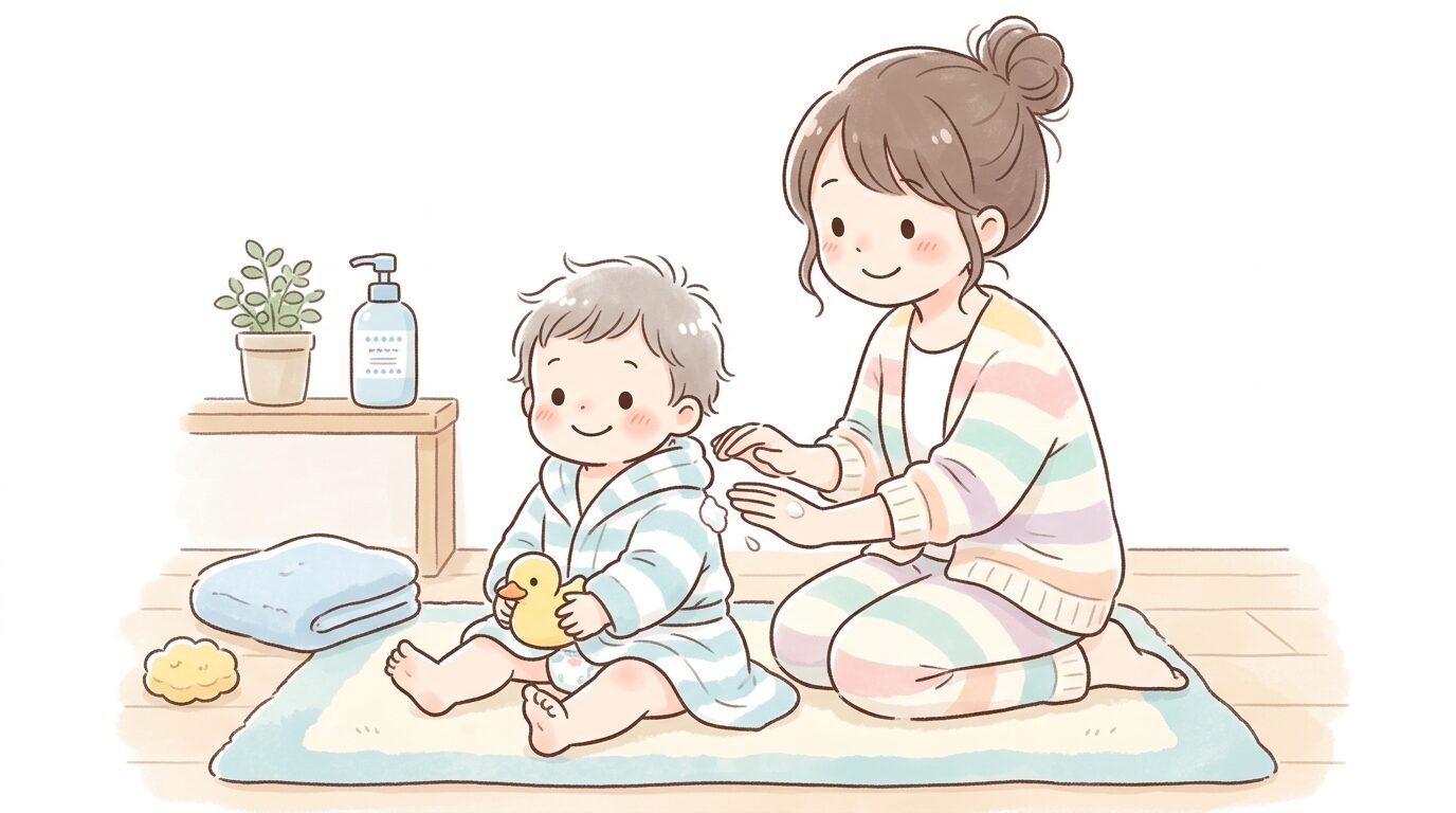 お風呂上がりに親が子どもの背中に保湿クリームを塗っている様子