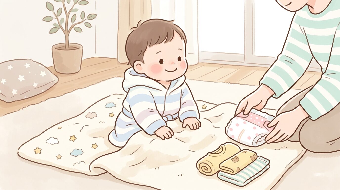 リビングの床に敷いたタオルの上で着替えを待つ1歳児と親の手