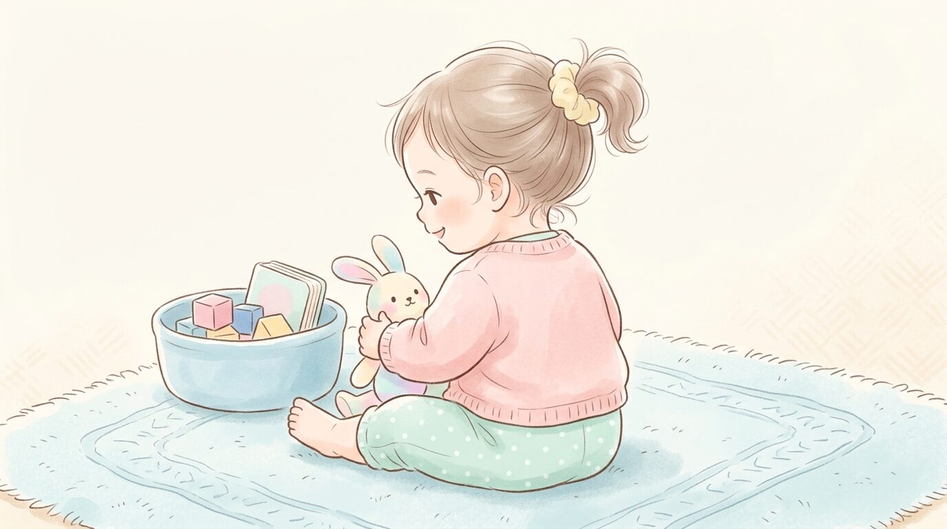 柔らかい笑顔で座る1歳児の後ろ姿とふんわり結ばれた髪