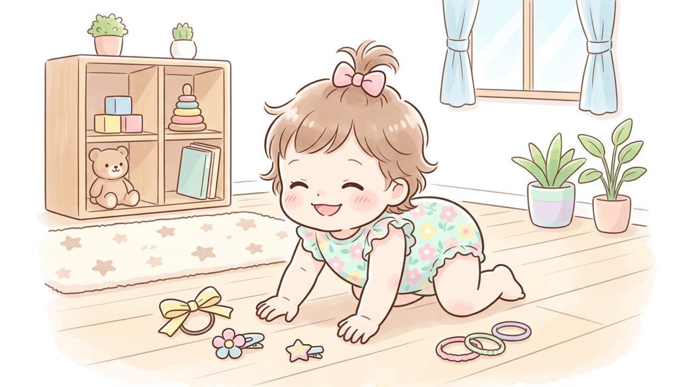 リビングでハイハイをする1歳児の元気な様子とヘアアクセサリー