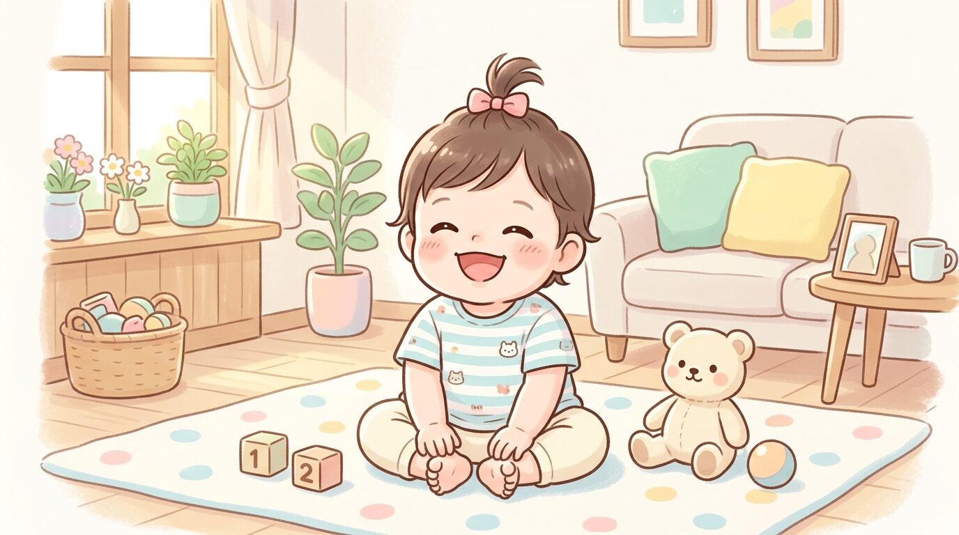 明るいリビングでキャラクター風のちょんまげヘアをした1歳児が笑う様子