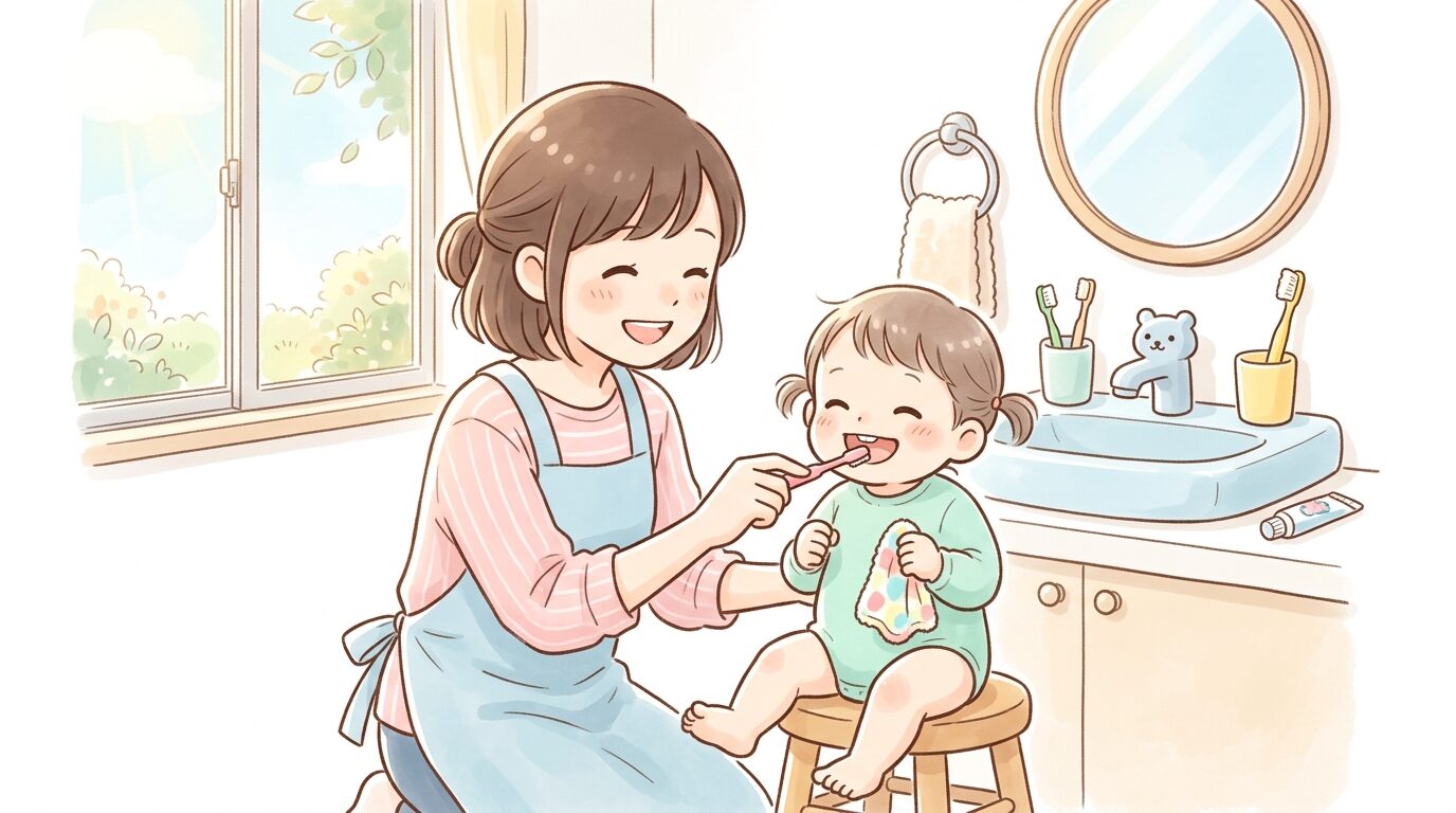 洗面所で1歳の子どもの仕上げ磨きを笑顔で行う母親、明るい朝の光が差し込む温かい雰囲気