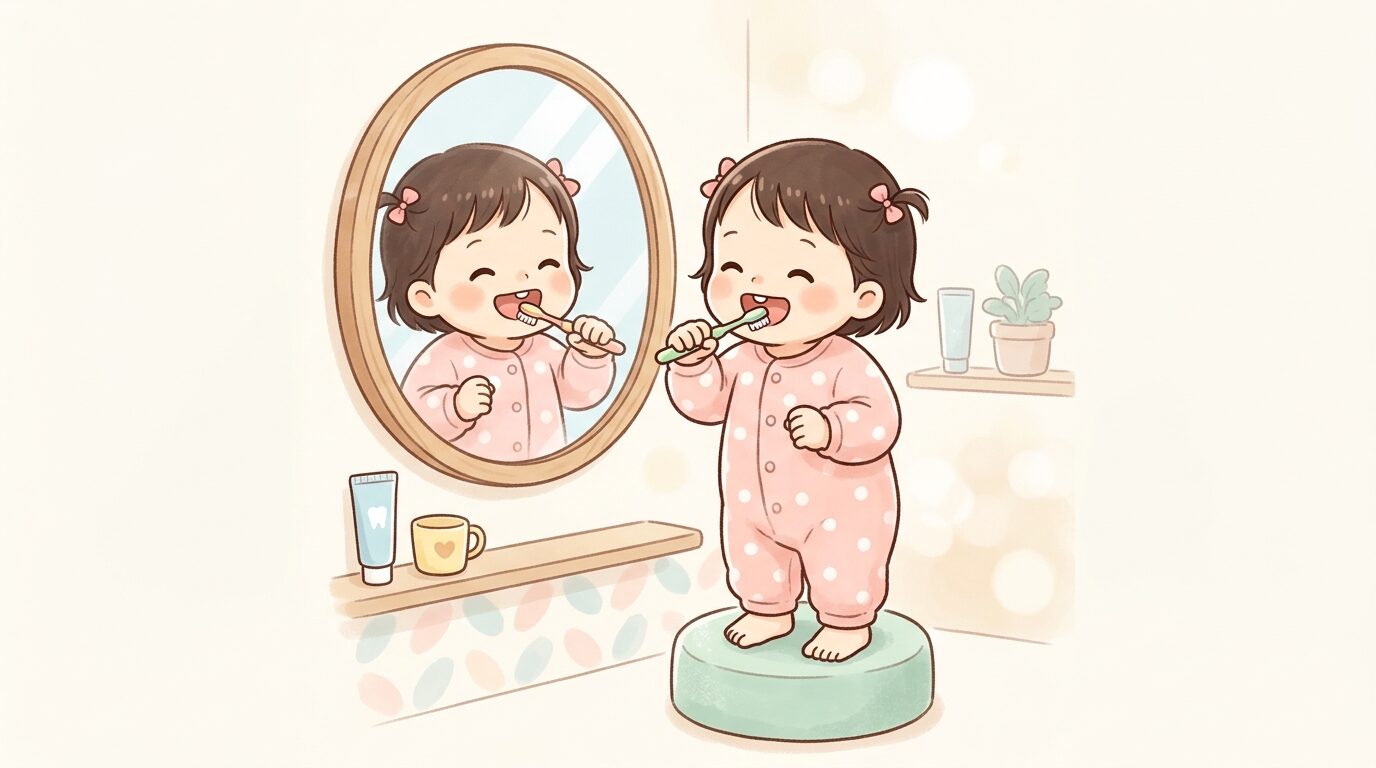 歯ブラシを持った1歳児が鏡を見ながら楽しそうに歯磨きの真似をしている様子