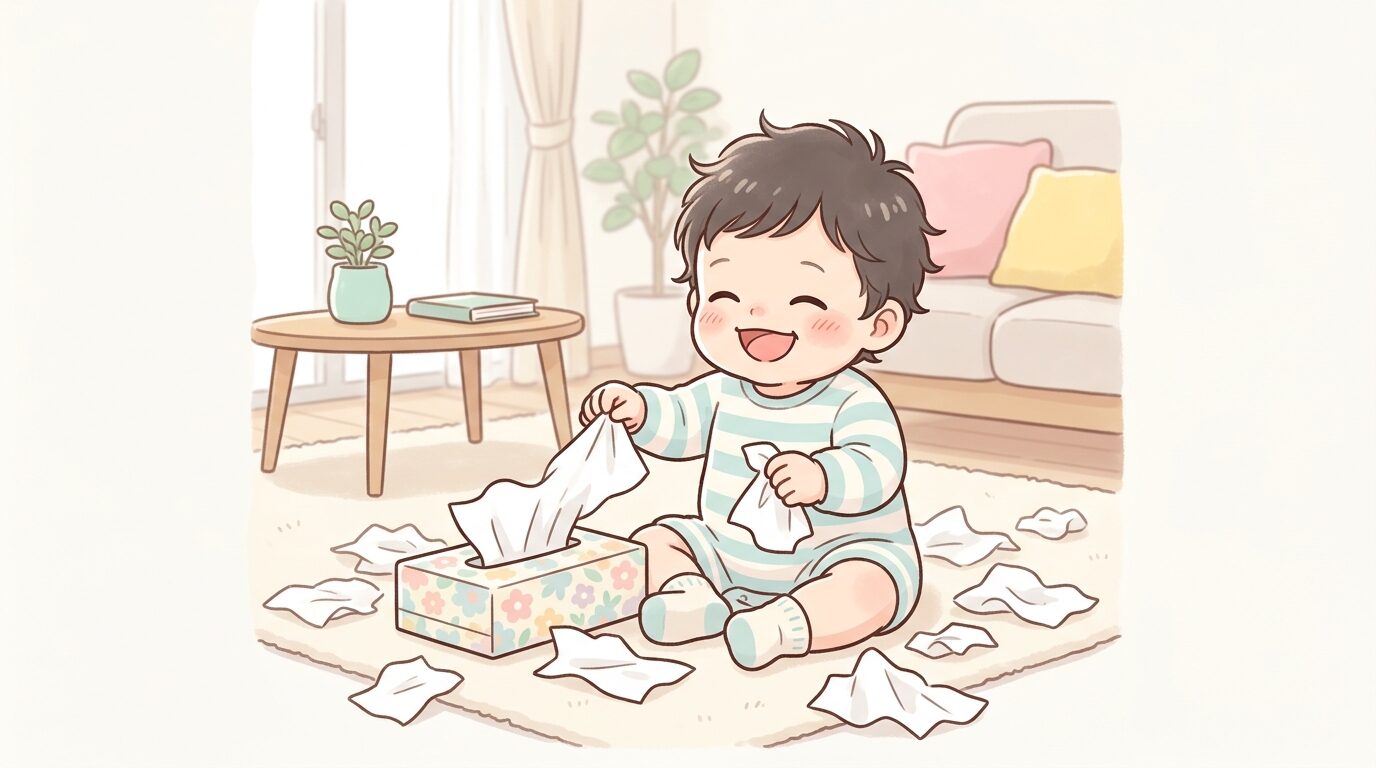 リビングでティッシュ箱からティッシュを次々に引き出して笑っている1歳児の様子