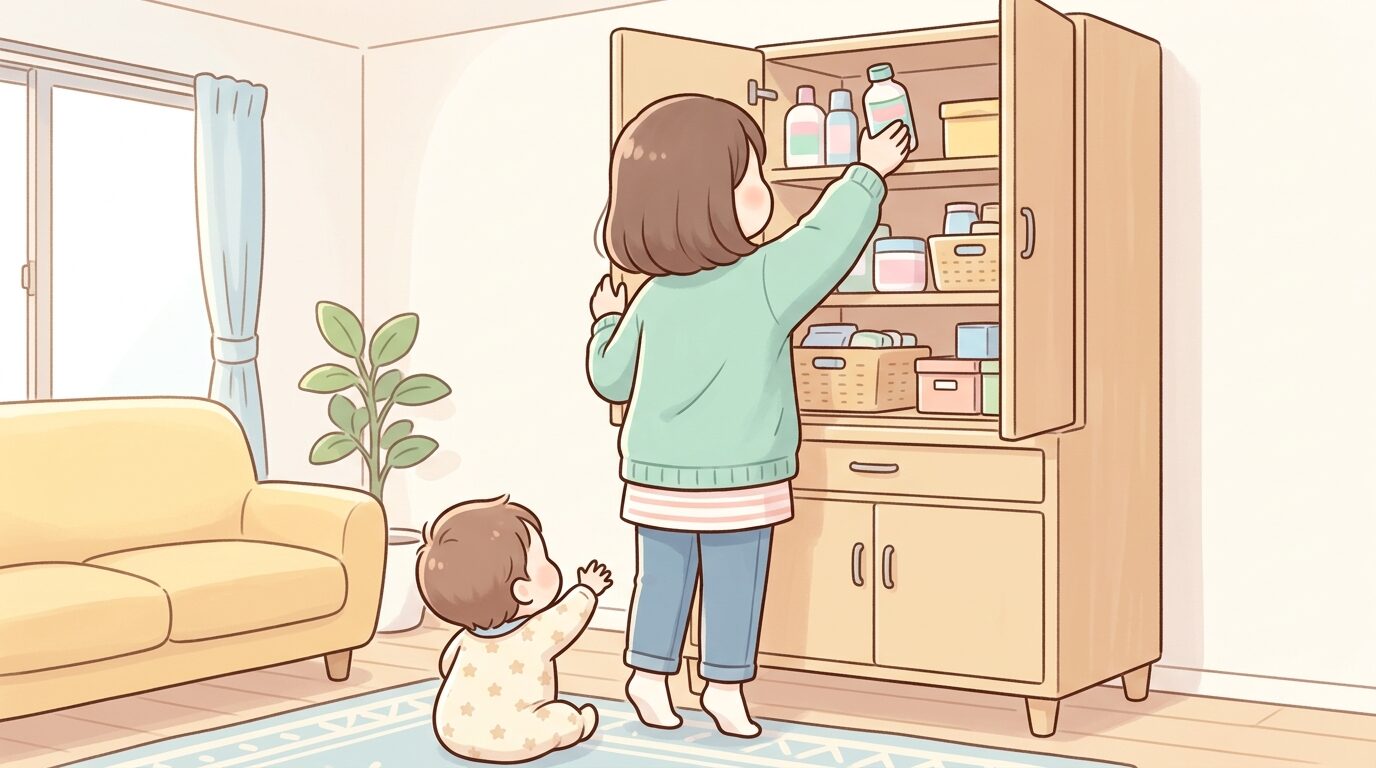 薬や洗剤を子どもの手の届かない高い収納棚にしまう保護者の後ろ姿
