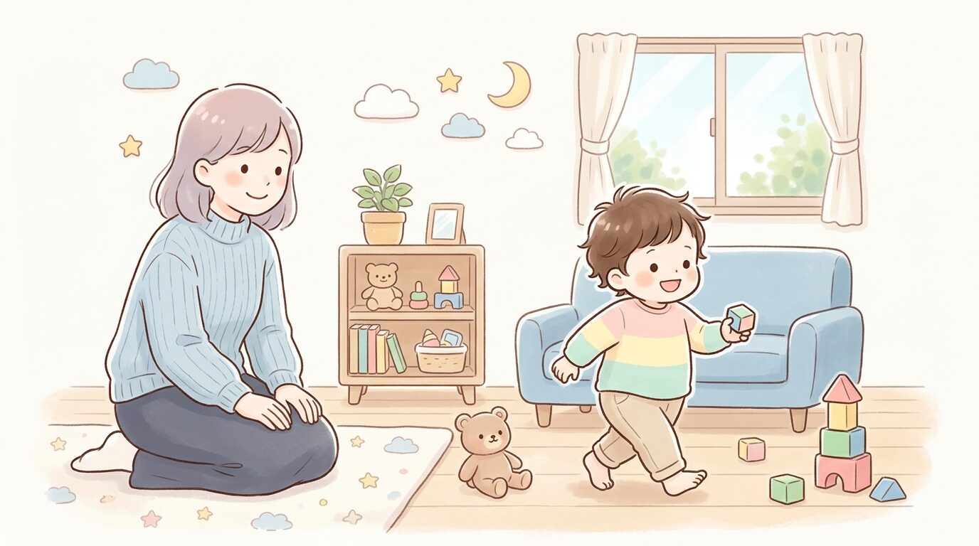 つかまり立ちから成長し元気に部屋の中を歩き回る1歳後半の子どもと見守る親