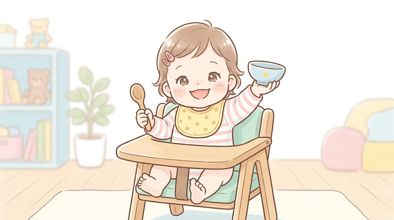 ハイチェアに座り両手でスプーンとお皿を持ってこちらを見上げる笑顔の1歳児