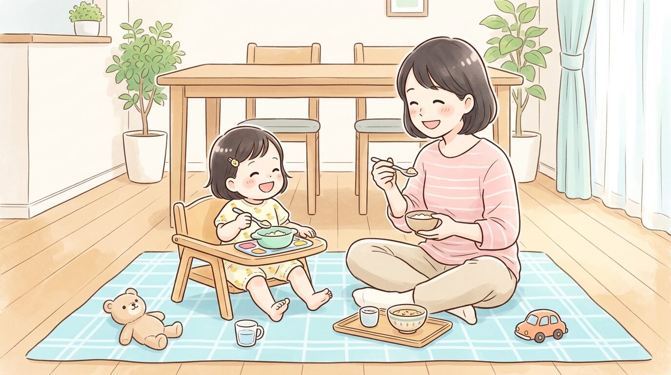 床にレジャーシートを敷いたダイニングで親子が笑顔で向き合って食事をしている様子