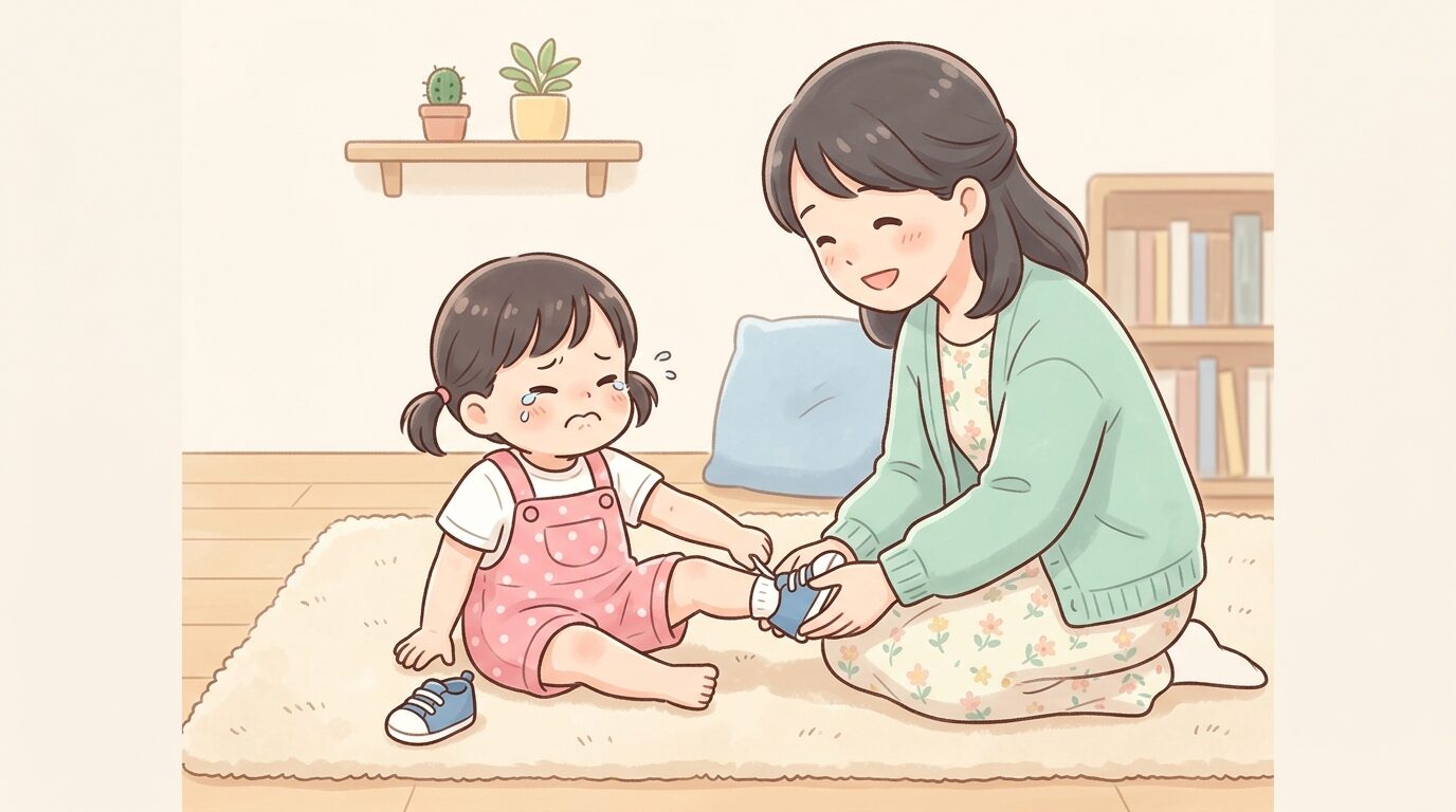 リビングの床に座り、靴を履くのを嫌がって泣いている1歳の女の子とやさしく声をかける母親の様子