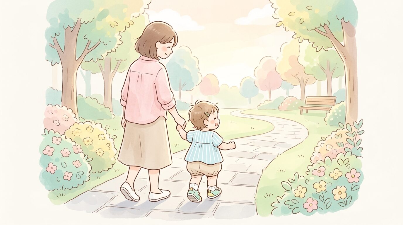 公園の遊歩道で母親と手をつなぎ、靴を履いて笑顔で数歩歩く1歳児の後ろ姿