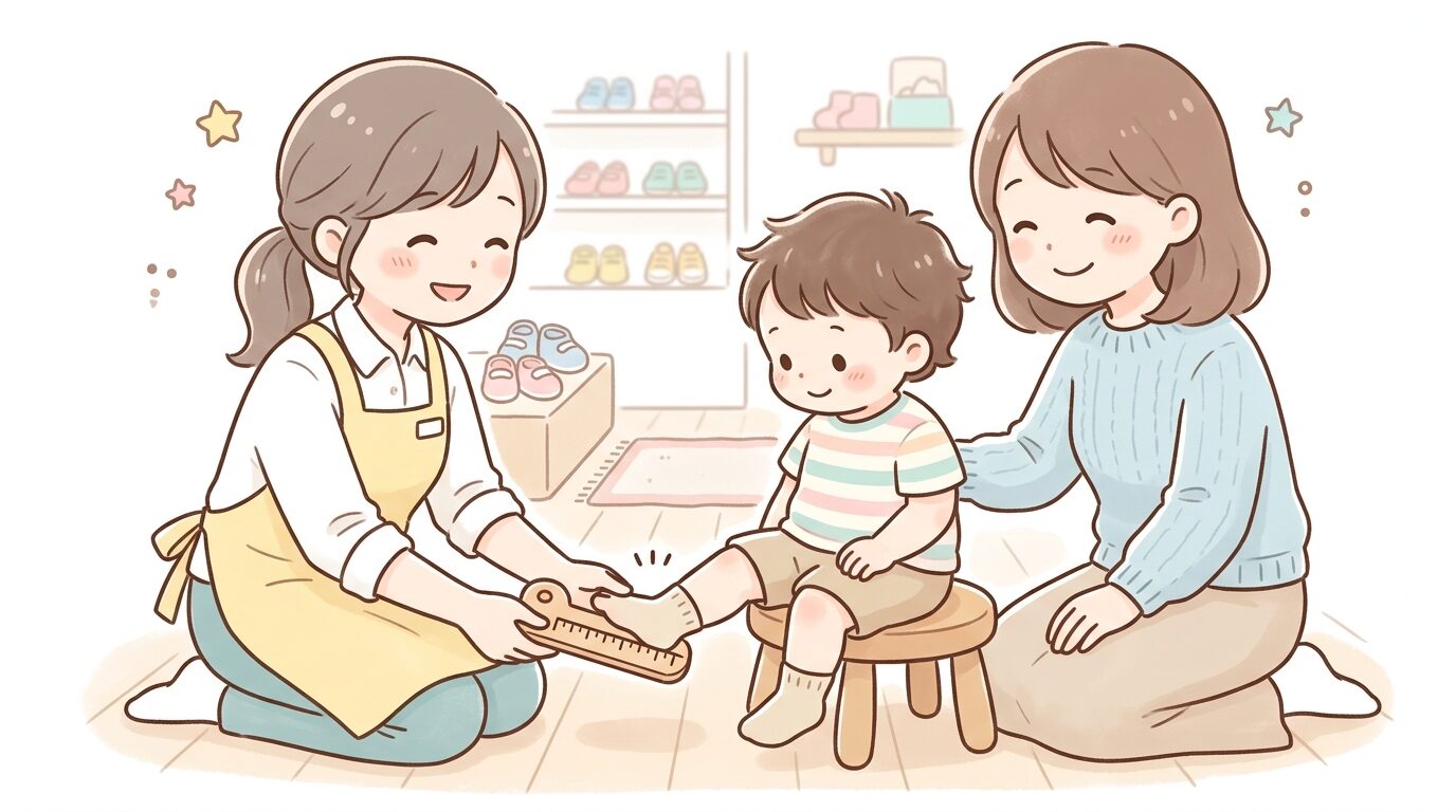 靴屋の店内で店員が子どもの足のサイズを優しく計測している様子、母親が隣で見守る温かい雰囲気
