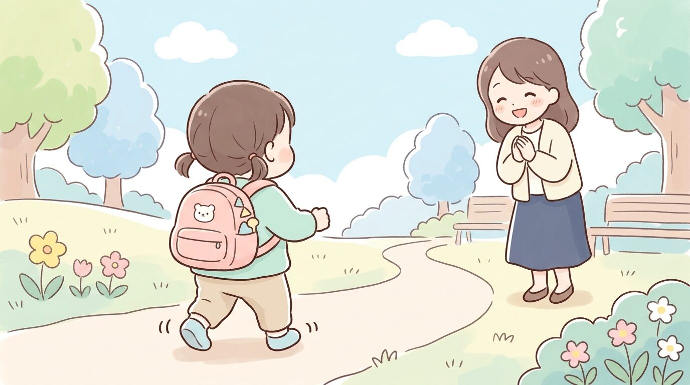 公園で小さなリュックを背負いよちよち歩く1歳児の後ろ姿、笑顔の親が見守る様子