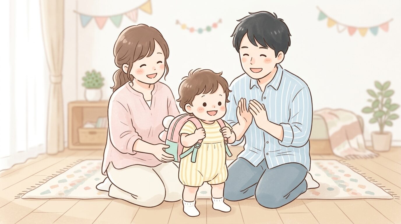 一升餅を入れたリュックを背負おうとする1歳児と、それを笑顔で見守る家族の記念写真風カット