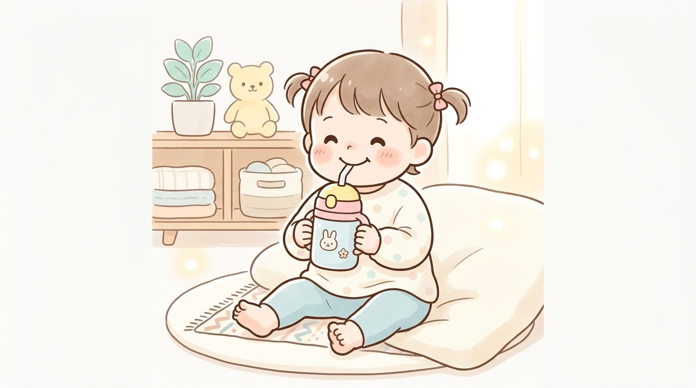 リビングでストロー付き水筒を両手で持ち、嬉しそうに飲む1歳児の女の子