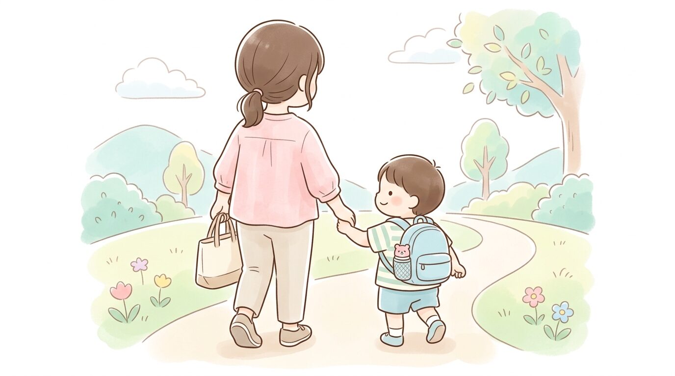 リュックサックに水筒を収納して笑顔で歩く親子の後ろ姿