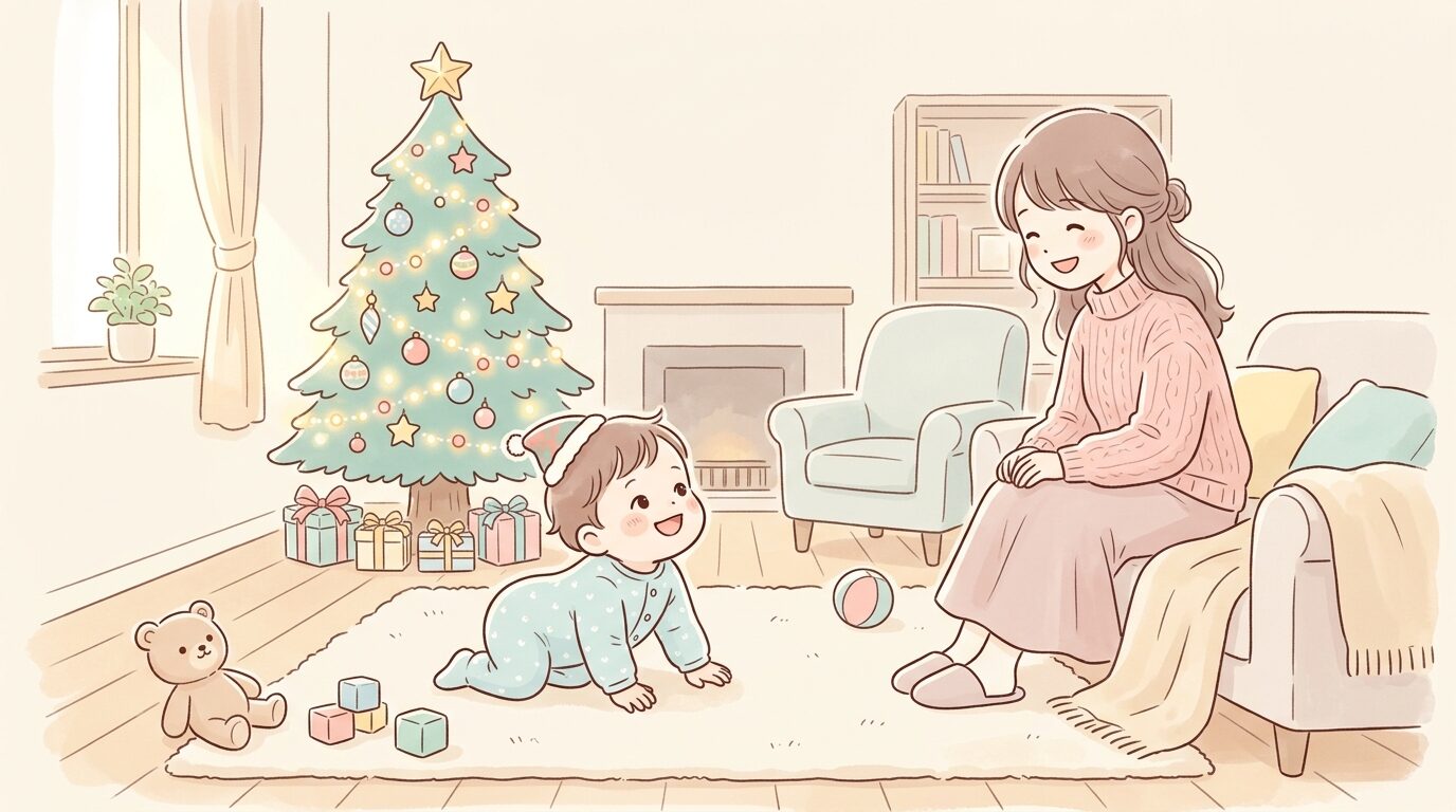 リビングでクリスマスツリーを見つめながらハイハイする1歳児と見守る母親の温かい情景