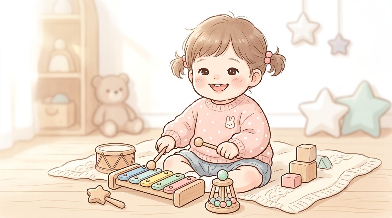 木製の楽器おもちゃで遊びながら笑顔を見せる1歳の女の子のクローズアップ