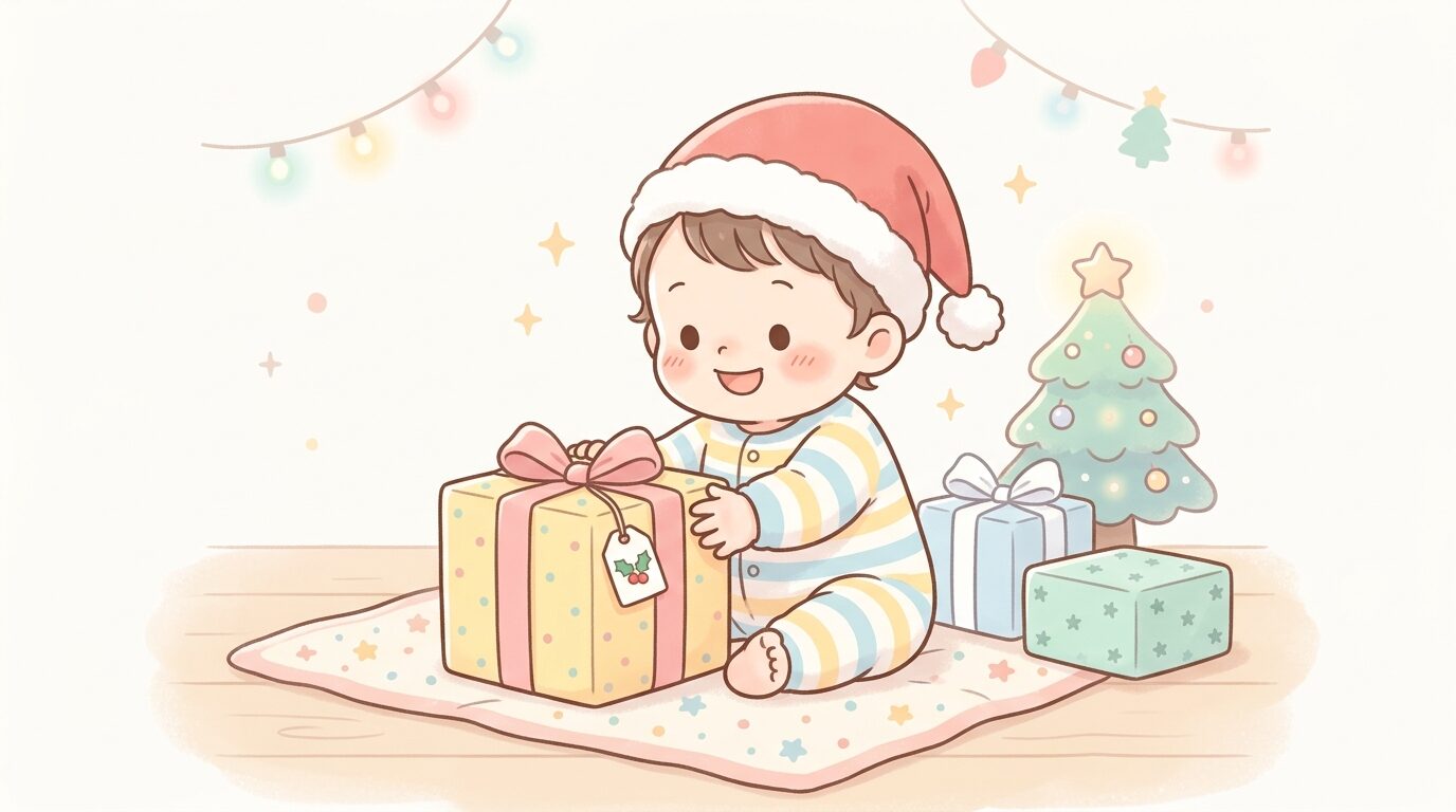 サンタクロースの帽子をかぶった1歳児がプレゼントの箱を興味深そうに触っている様子