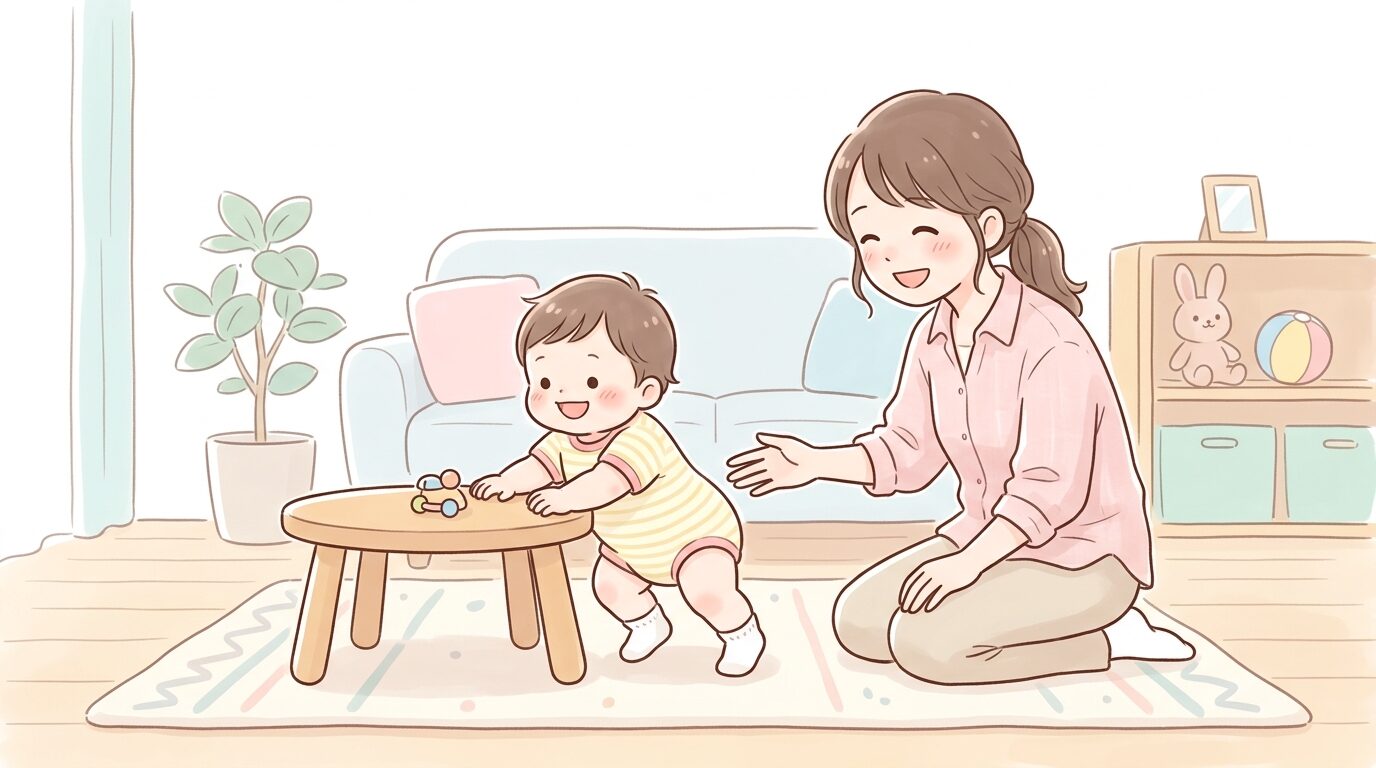 1歳児がリビングでハイハイからつかまり立ちに挑戦している様子、笑顔で見守る母親