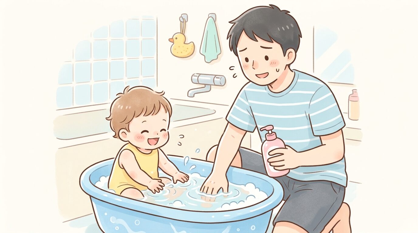 お風呂場でお湯を触って遊ぶ1歳児と、シャンプーを持って困り笑いする父親