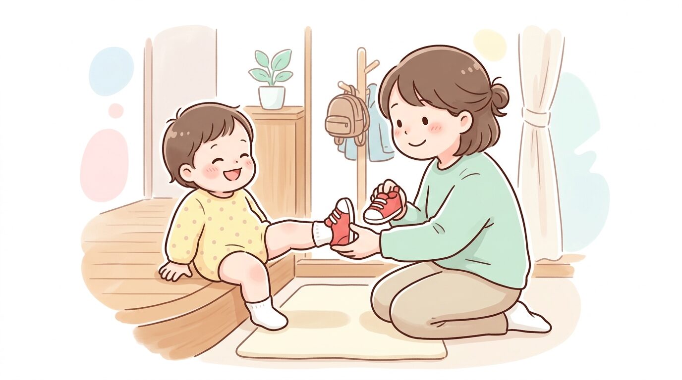 靴を履かせようとする母親に対して足を伸ばして抵抗する1歳児の様子