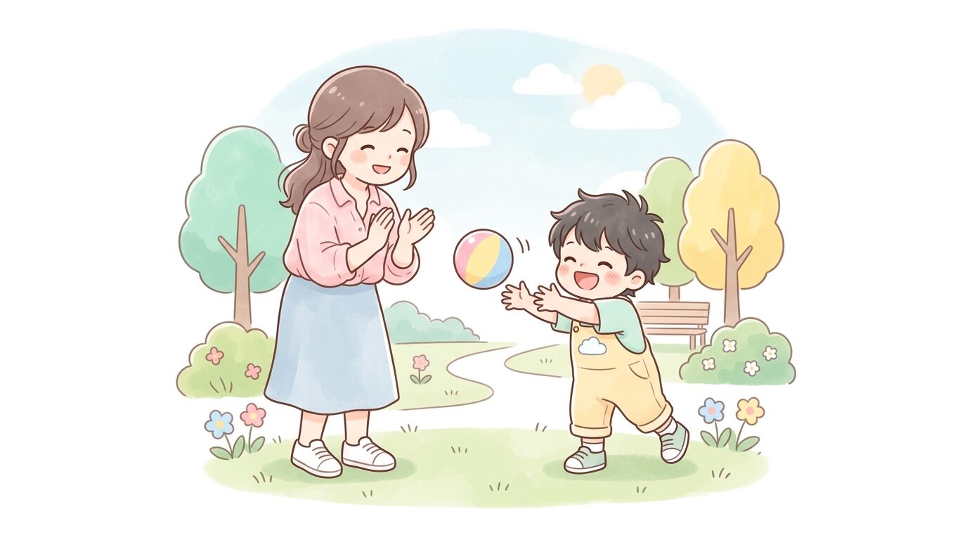 公園でボールを投げて遊ぶ2歳半くらいの子どもと見守る母親の様子