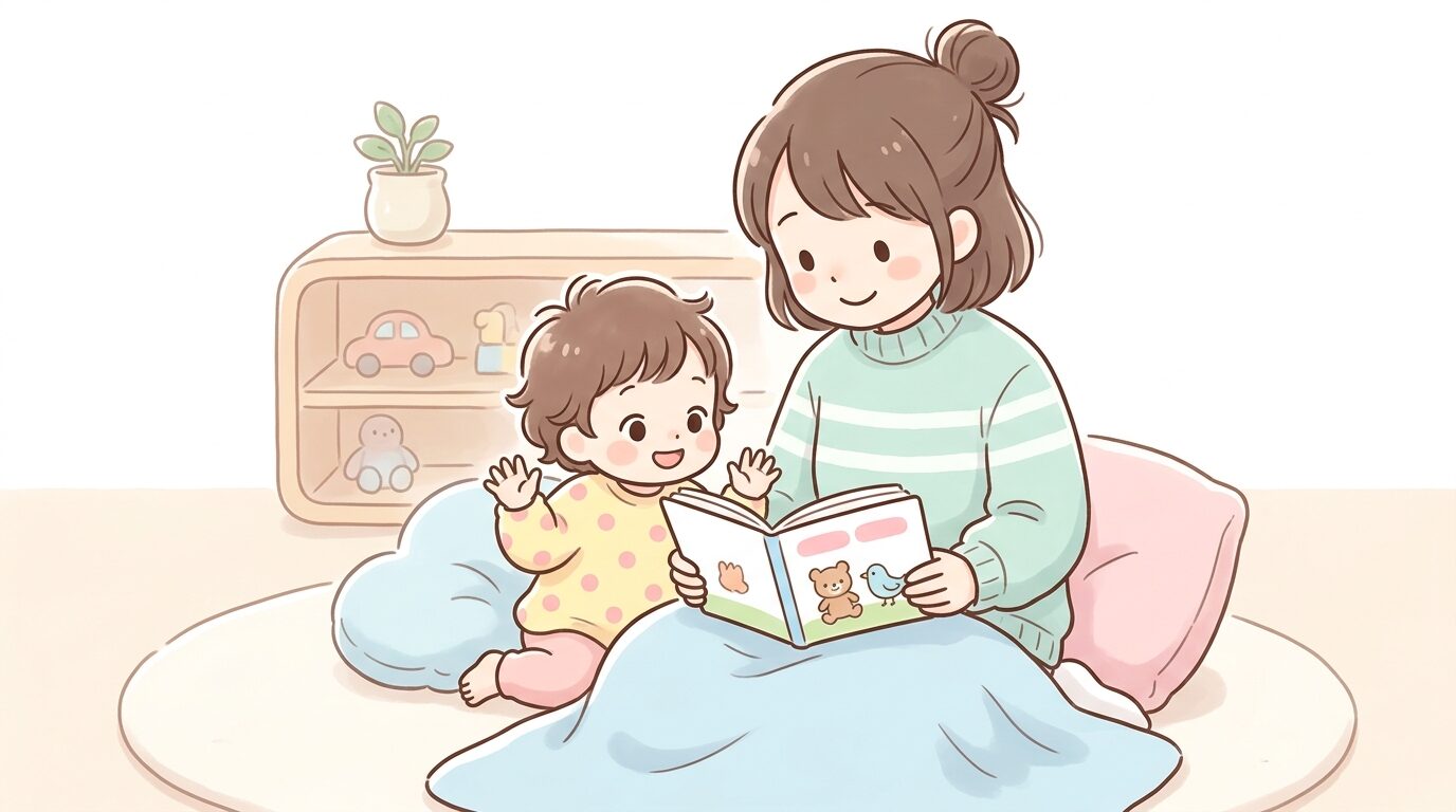 絵本を読み聞かせる親と、楽しそうに耳を傾ける2歳半の子どもの親子時間