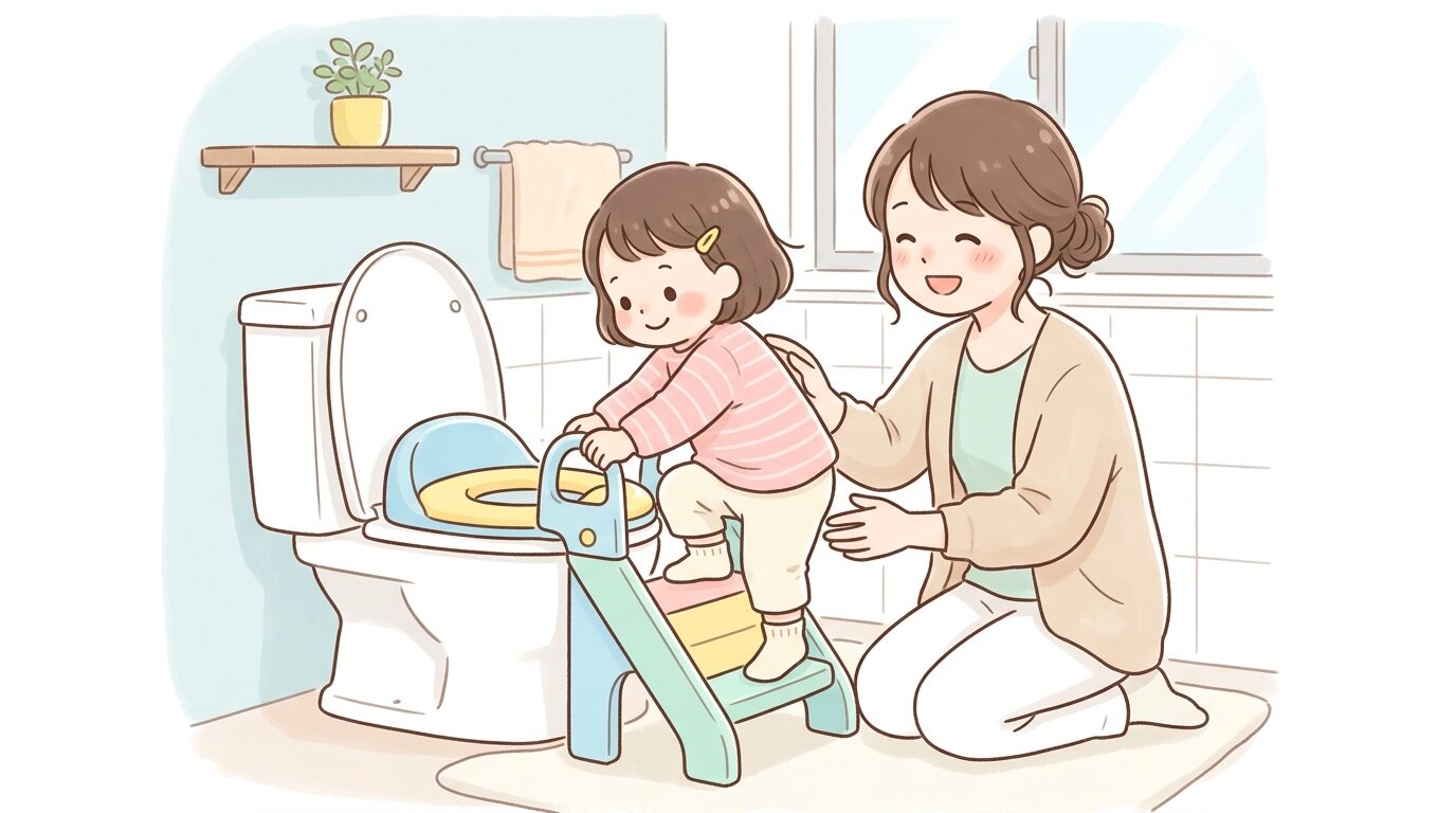 トイレトレーニング用の補助便座に座ろうとする幼児と優しく見守る保護者