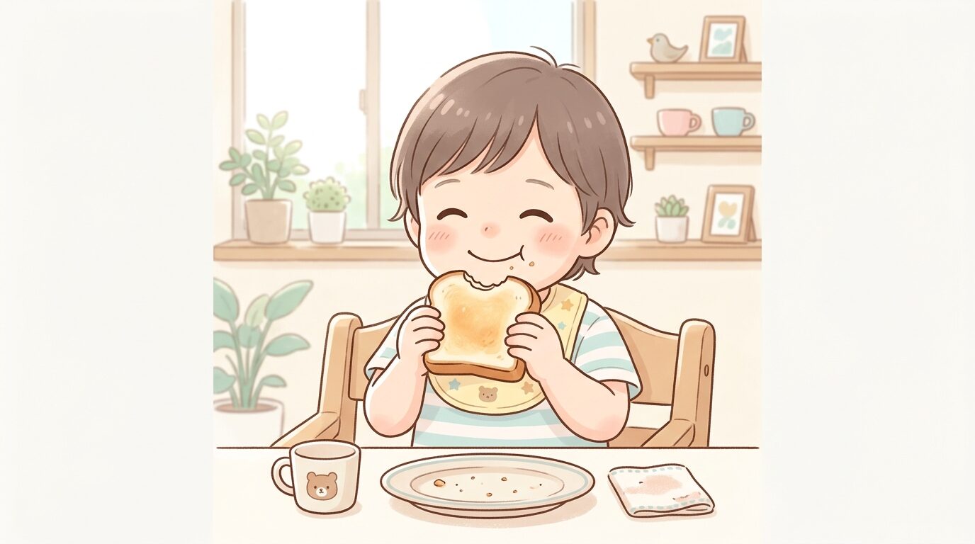 明るいダイニングでトーストを手づかみで食べる2歳くらいの子どもの笑顔のアップ