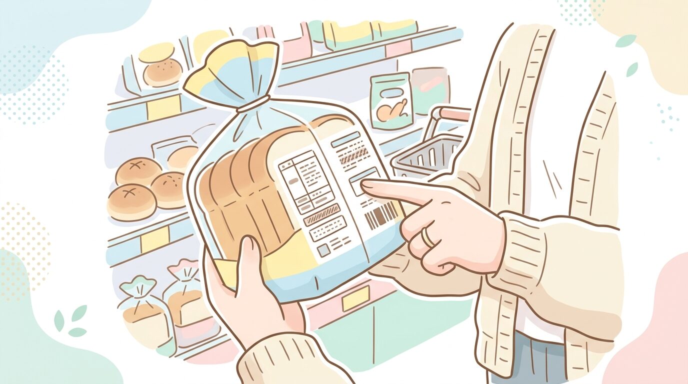 スーパーのパン売り場でパッケージ裏の原材料表示を確認する親の手元