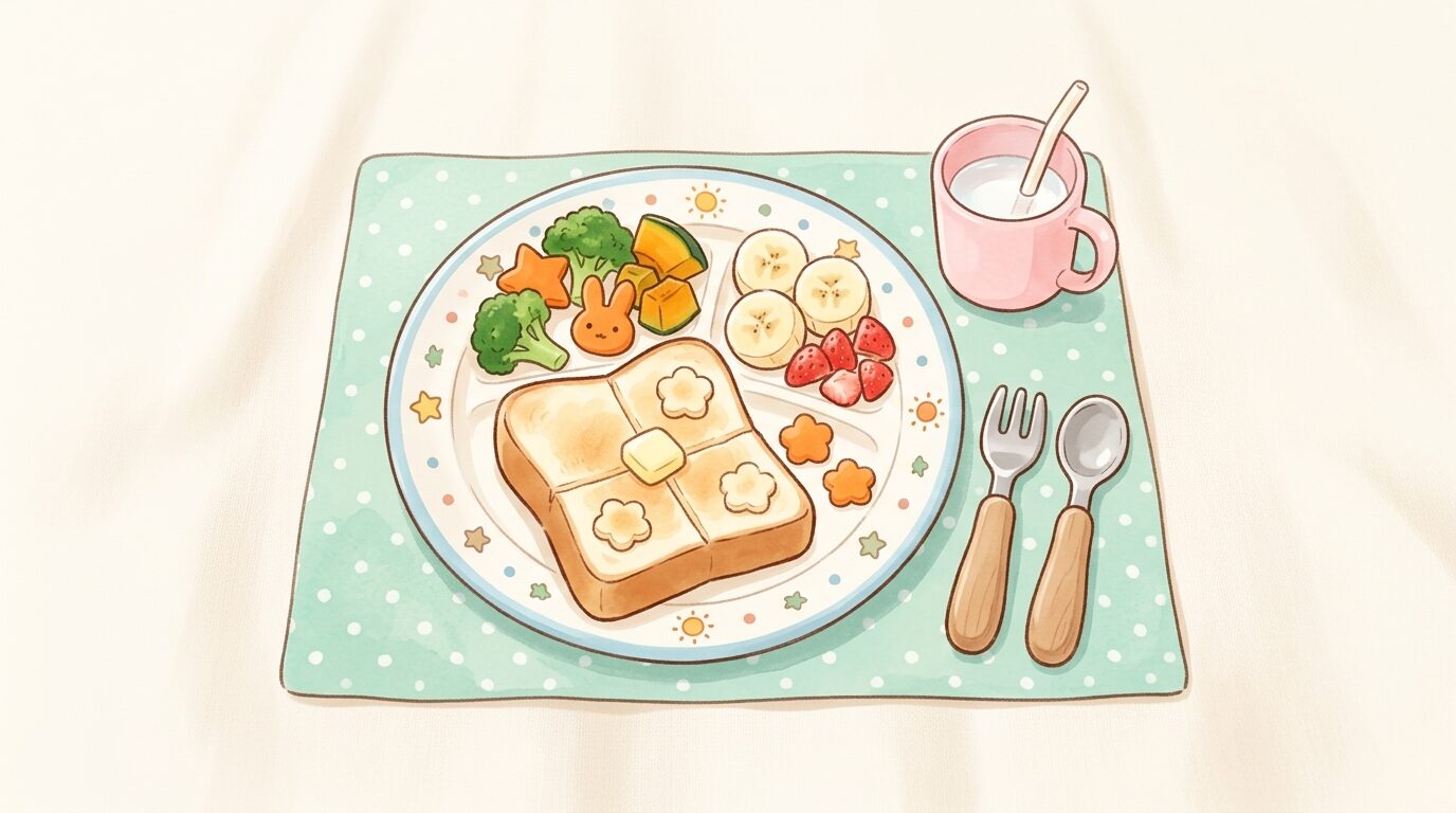 食パンとゆで野菜、フルーツを彩りよく並べた2歳児向けの朝ごはんワンプレート