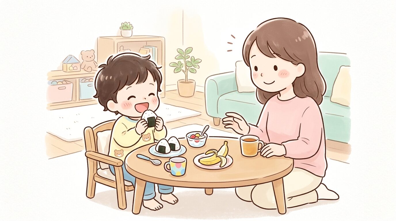 リビングのテーブルでおにぎりやバナナ、ヨーグルトを楽しそうに食べる2歳児と見守る母親