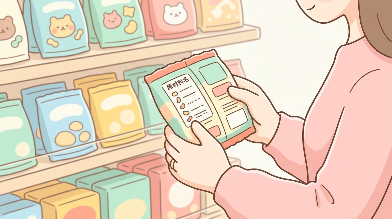 スーパーマーケットのお菓子売り場でパッケージ裏の原材料表示を確認する母親の手元