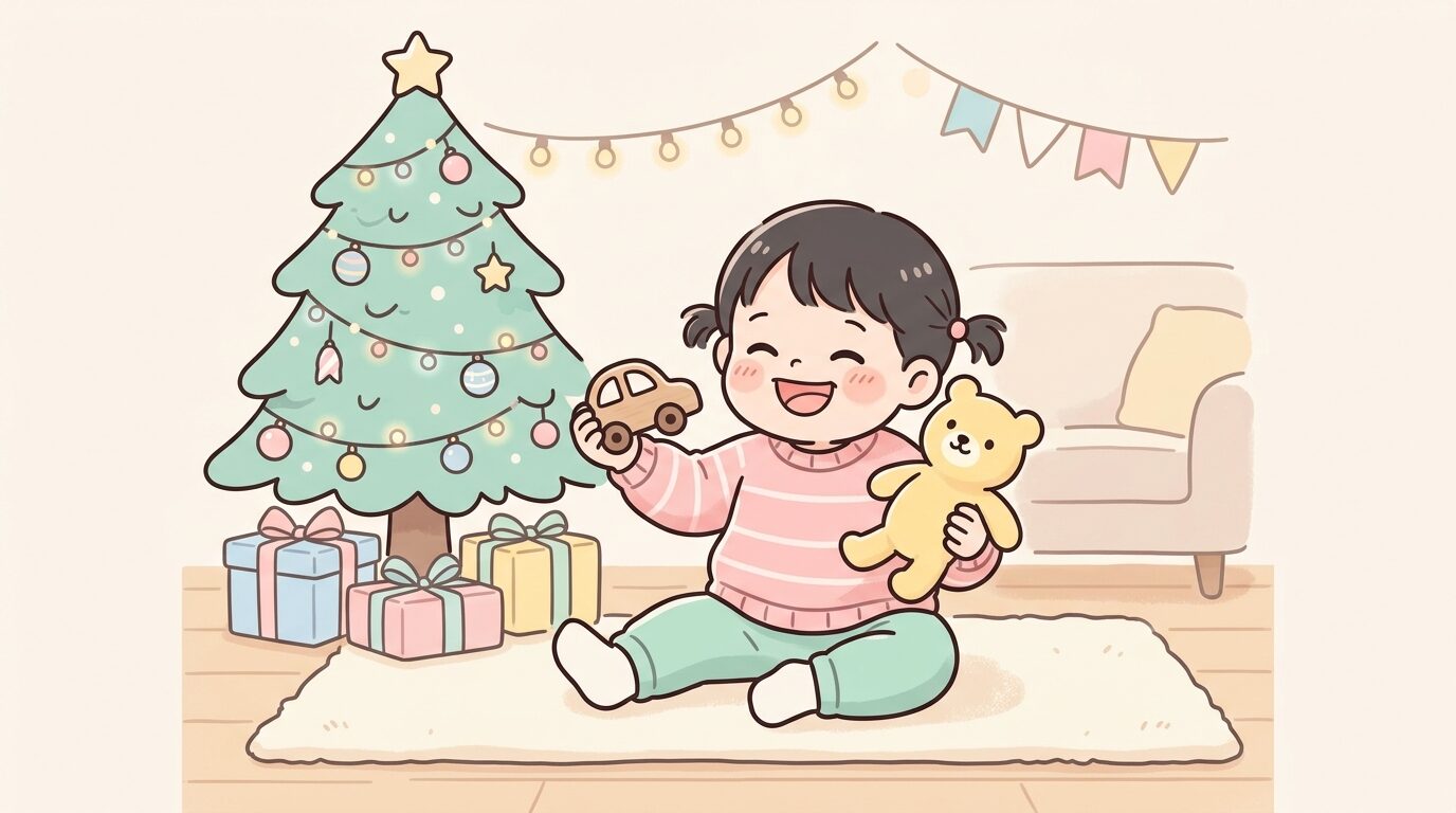 リビングのクリスマスツリーの前で新しいおもちゃを両手に持ち、笑顔ではしゃぐ2歳くらいの子ども