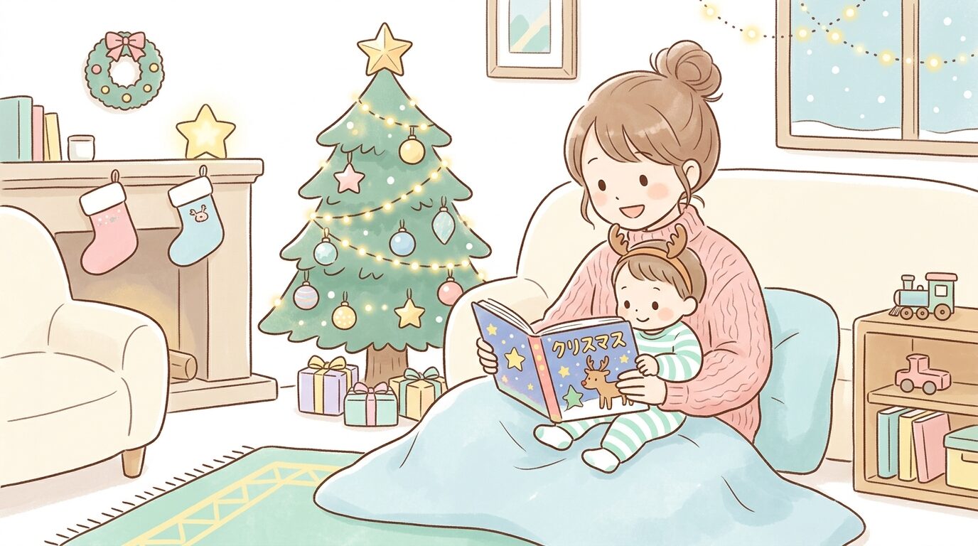 クリスマスの飾り付けがされた部屋で親子が一緒に絵本を読んでいる温かい雰囲気のシーン