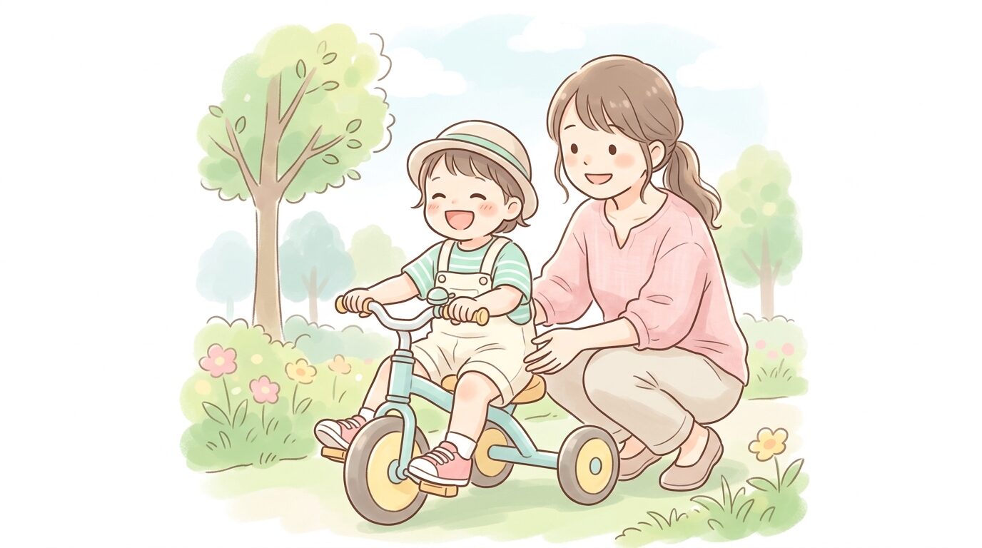 公園で三輪車に初めてまたがり嬉しそうに笑う2歳くらいの子どもと、後ろから見守る母親