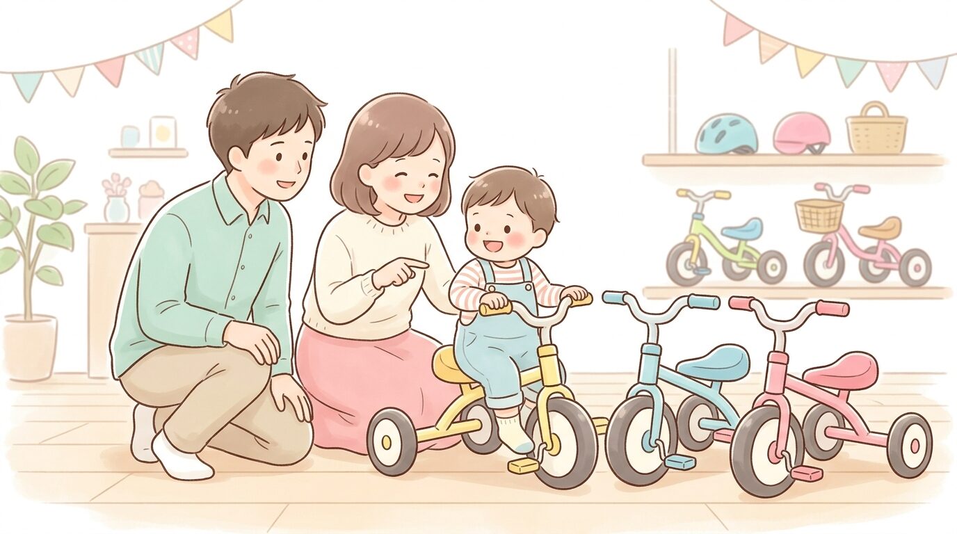 店頭で複数の三輪車を見比べながら子どもにまたがらせて確認する家族の様子