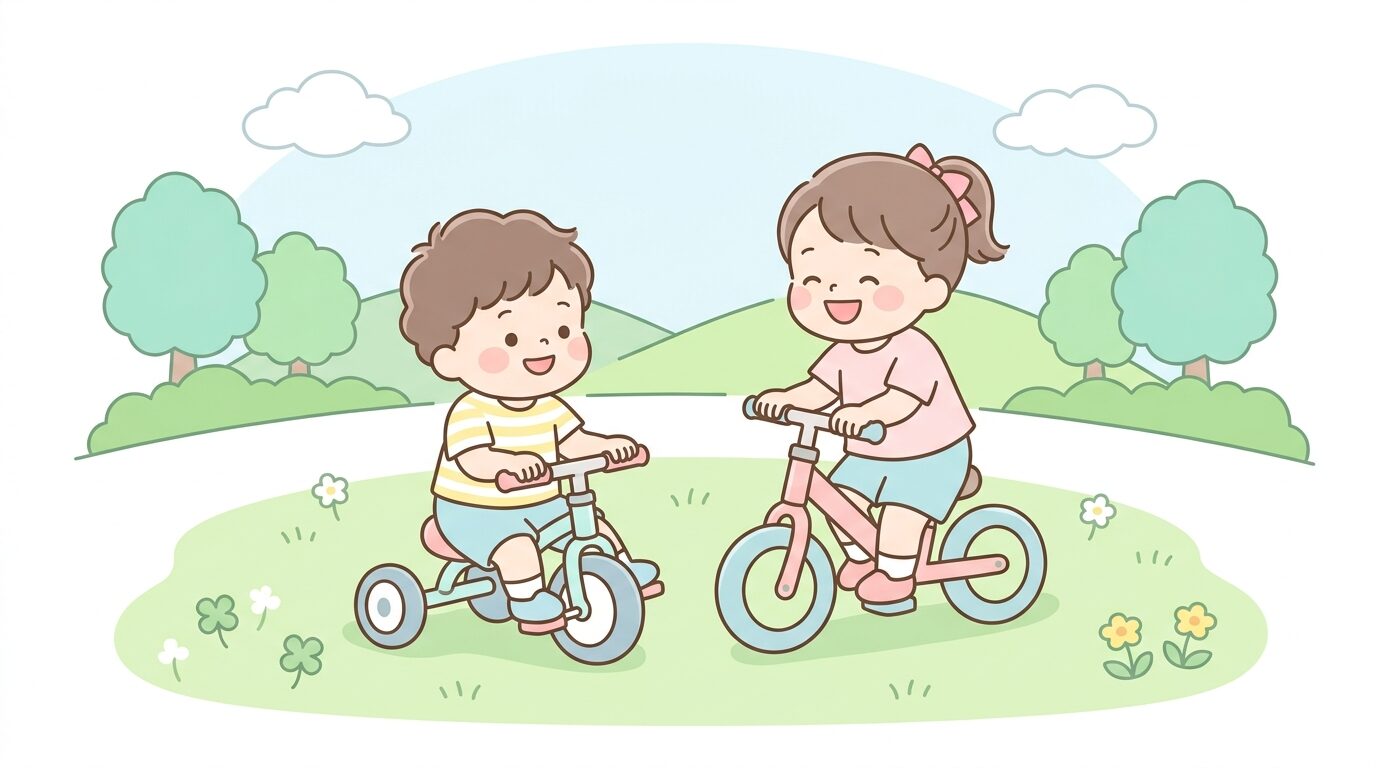 芝生の広い公園で三輪車とキックバイクの両方を並べて遊ぶ兄弟姉妹の楽しそうな様子