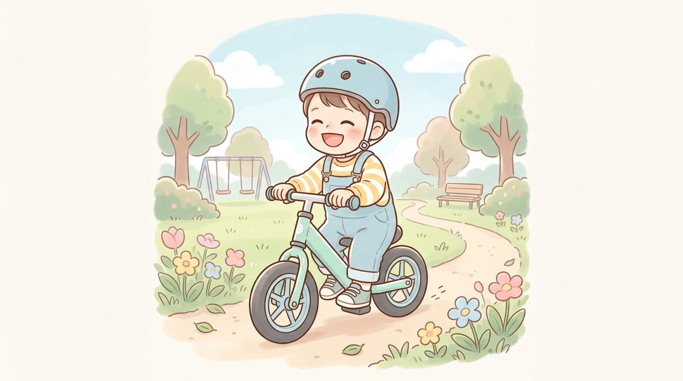 公園でヘルメットをかぶった2歳くらいの子供が笑顔でストライダーに乗っている様子