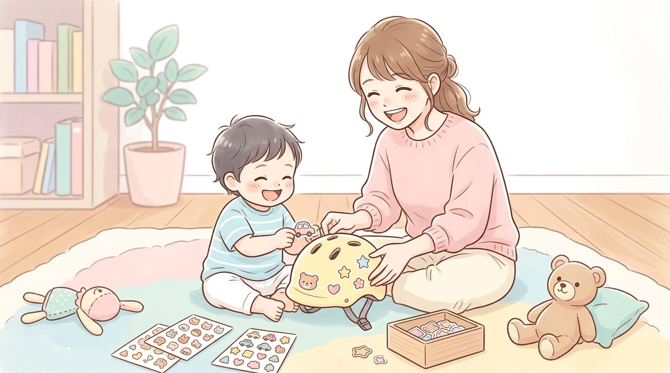リビングでヘルメットに好きなシールを一緒に貼って笑い合う母親と2歳児