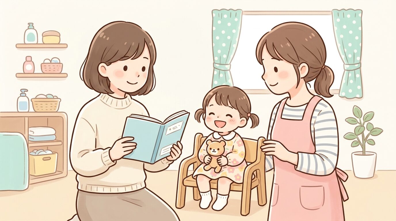 保育園の連絡帳を見ながら先生と会話する母親と、隣で笑顔の2歳児